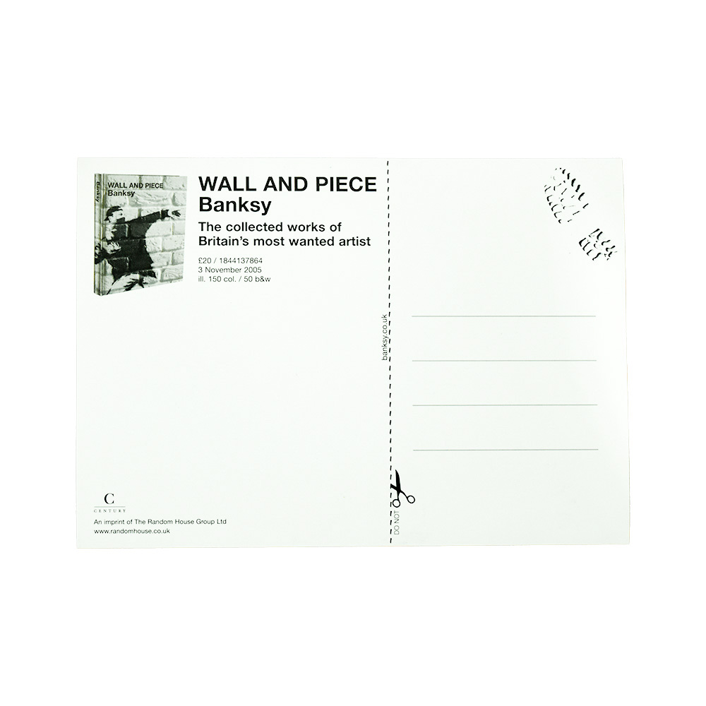 back of banksy wall and piece postcard set with book info