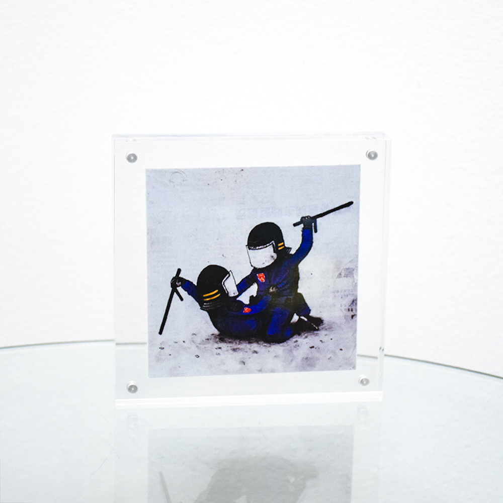 dran riot police sticker in clear frame