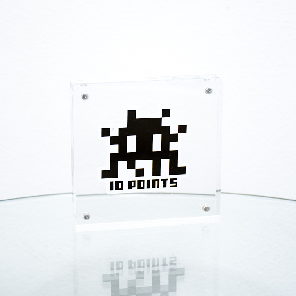 invader 10 points sticker in clear frame.