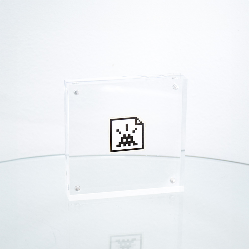 invader space file sticker in clear frame.