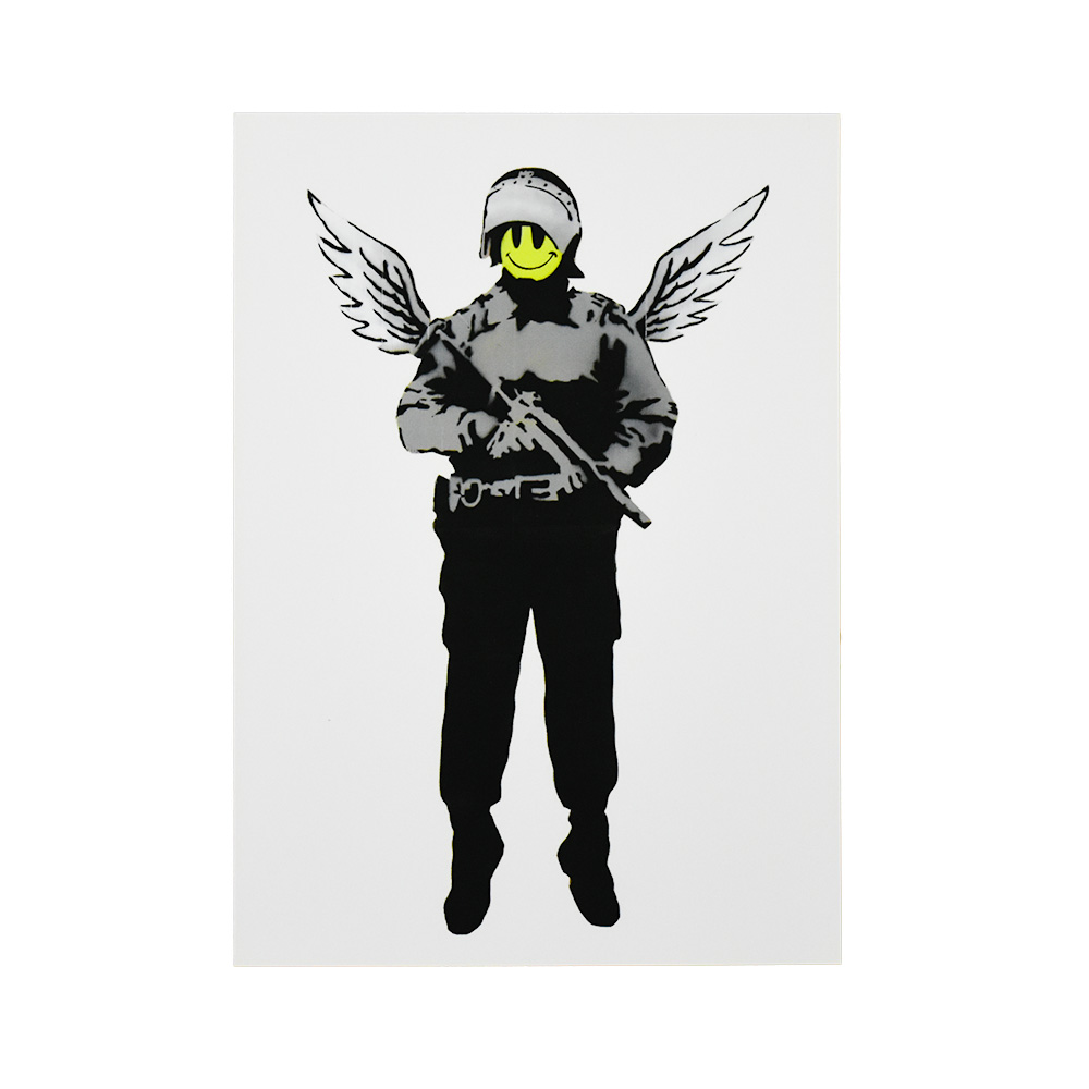 banksy angel cop flying copper postcard