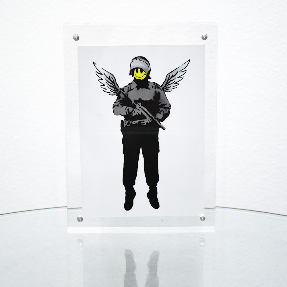 banksy angel cop flying copper postcard framed