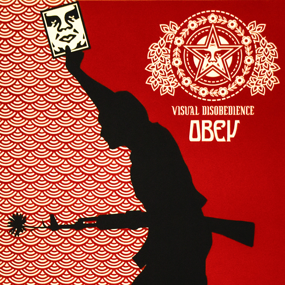 close up of shepard fairey visual disobedience show poster