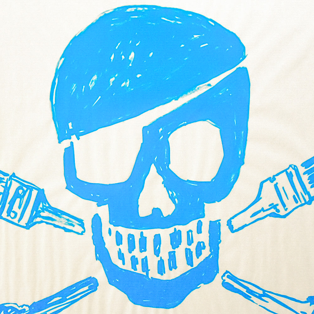 close up of skull from banksy skull print blue pow