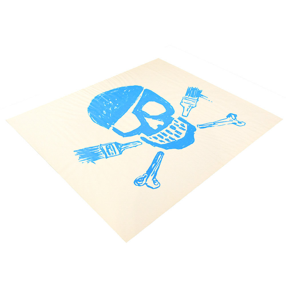 side view of banksy skull print blue pow