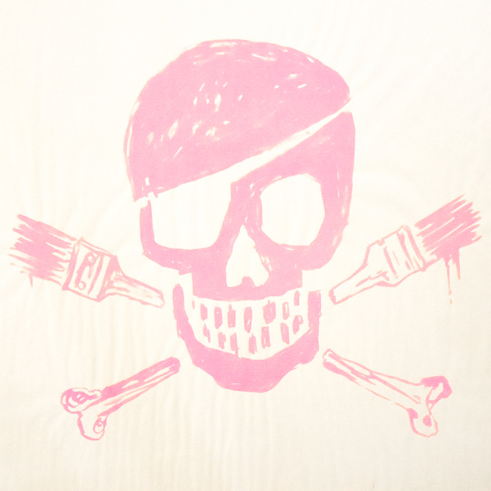 close up of banksy skull print pink pow